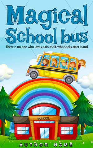 Children-book-cover-School-bus-Kids-Pre-made-children's-covers-Rainbow-Bus-Riding-Vector-Building-Kindergarten-Student-Campus
