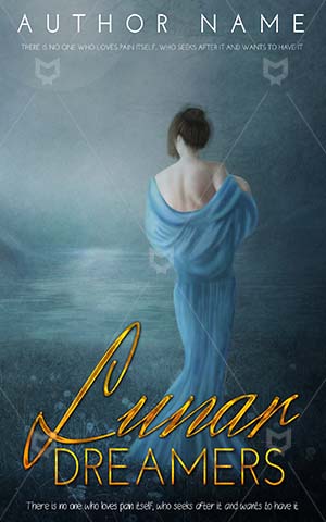 Fantasy-book-cover-Alone-woman-Frock-Blue-watercolor-paint-Girl-Young-Beauty-Moon-River